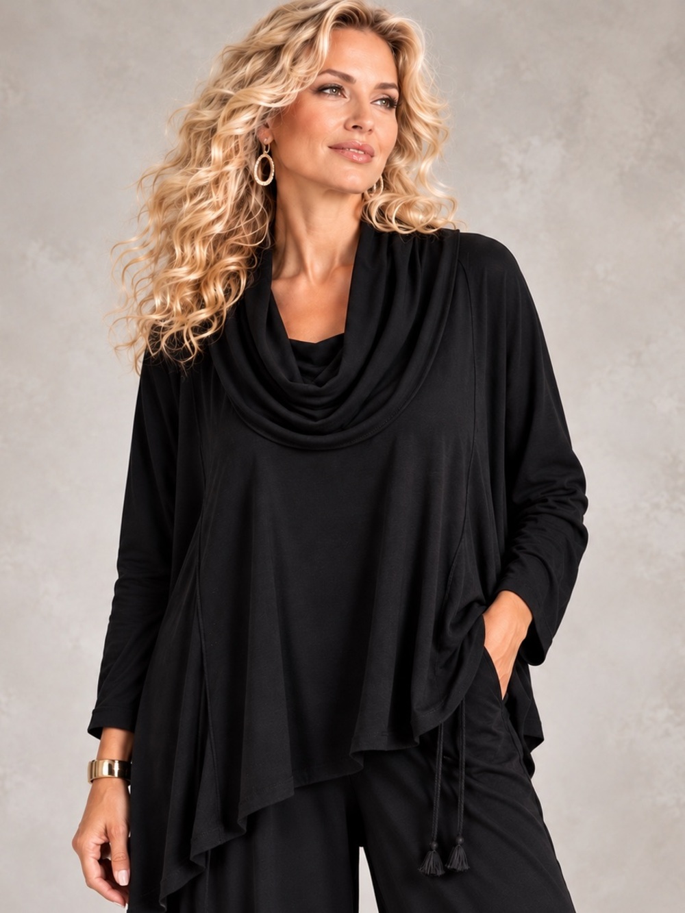 Bryn Walker Black Modal Cowl Neck Oversized Tunic Top Lagenlook Made in USA